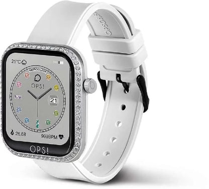 Unisex smartklocka med vitt armband, strassinfattad ring och sidoknappar