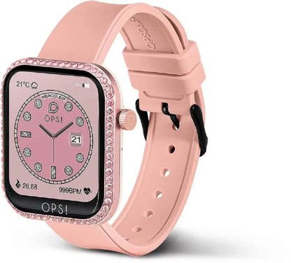 Unisex smartwatch med rosa armband, sidoknapp och glittrig infattning