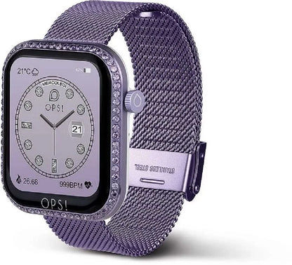 "Unisex-smartklocka med lila mesharmband, sidoknapp och OPS!-display"