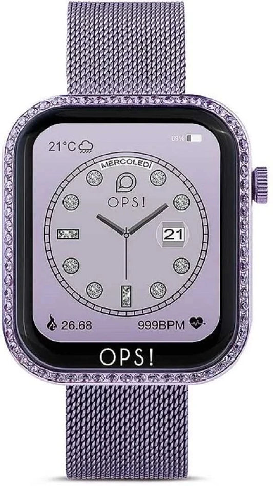"Unisex smartwatch med lila mesharmband, fyrkantig urtavla och OPS!-urtavla"