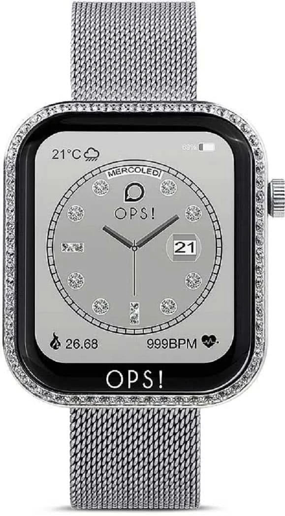 "Smartwatch för dam med silverfärgat meshband i rostfritt stål och strassutsmyckad ram"