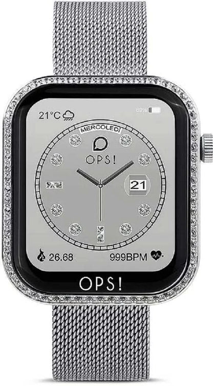 "Smartwatch för dam med silverfärgat meshband i rostfritt stål och strassutsmyckad ram"