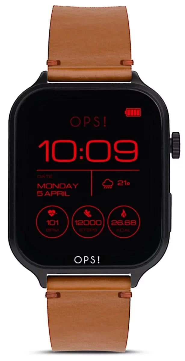 Unisex smartwatch med svart boett och brunt läderarmband, display 10:09