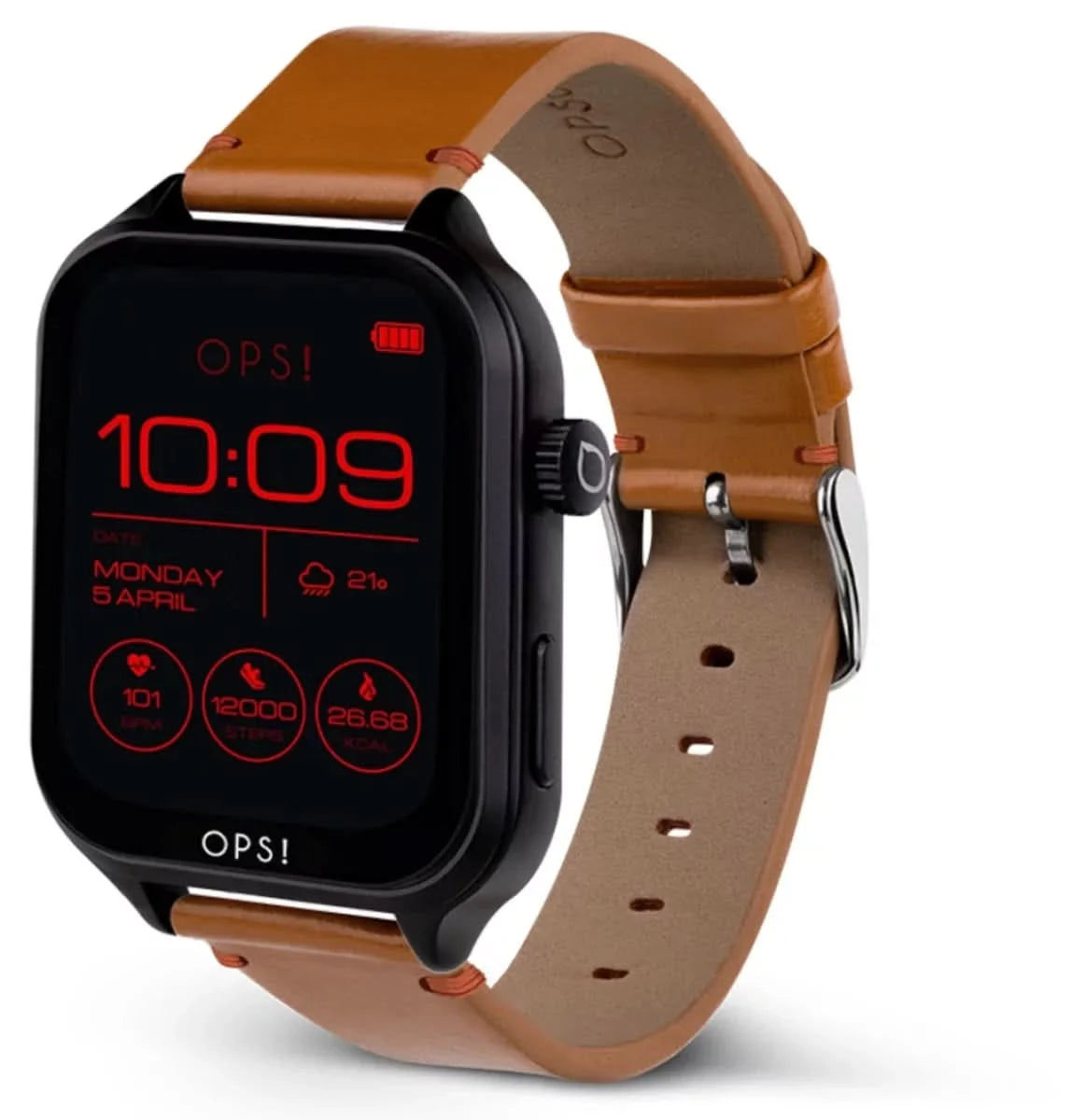 Unisex smartwatch, sidovy, svart boett och brunt läderarmband