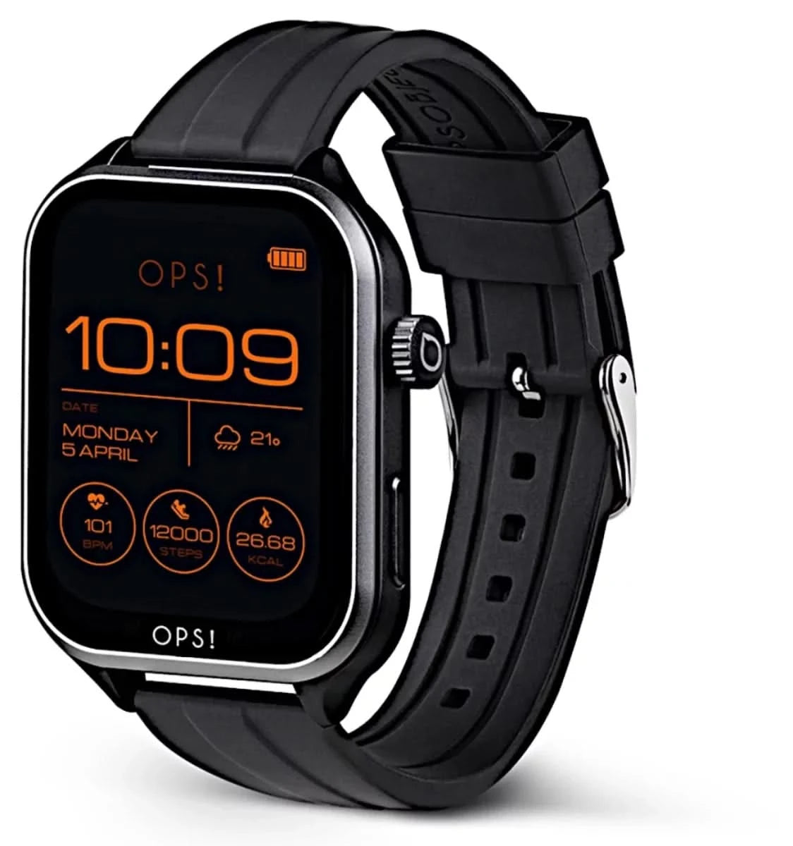 Unisex smartklocka med svart armband, sidoknappar, OPS!-display