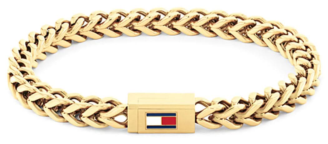 Herrarmband i flätat guldfärgat rostfritt stål med rektangulärt Tommy Hilfiger-spänne.