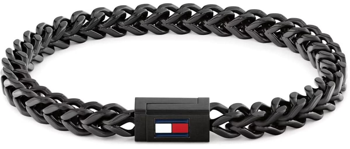 Herrarmband i svart rostfritt stål med flätade länkar och rektangulärt spänne, flagga