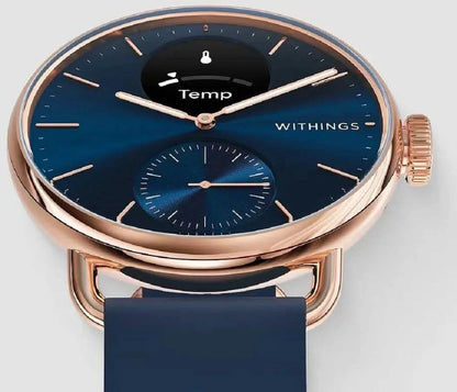 Hybrid smartwatch: blå urtavla, roséguldhölje, mörkblått armband