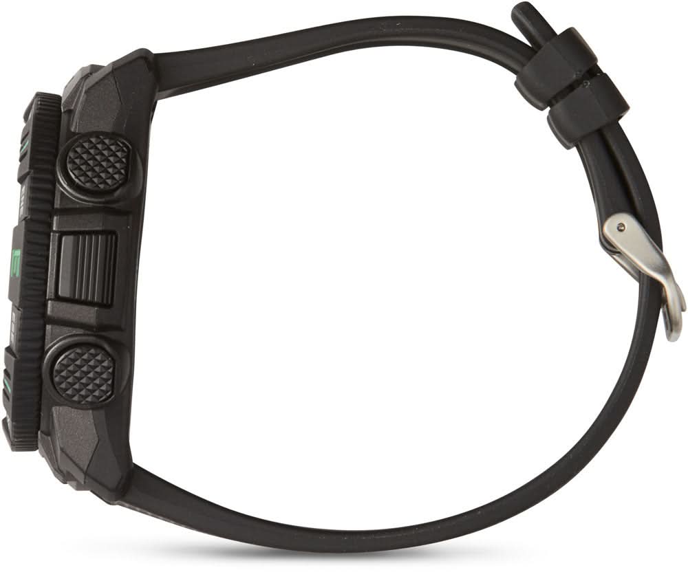 Armbandsur för herrar, svart gummiband och räfflad boettring med sidoknappar