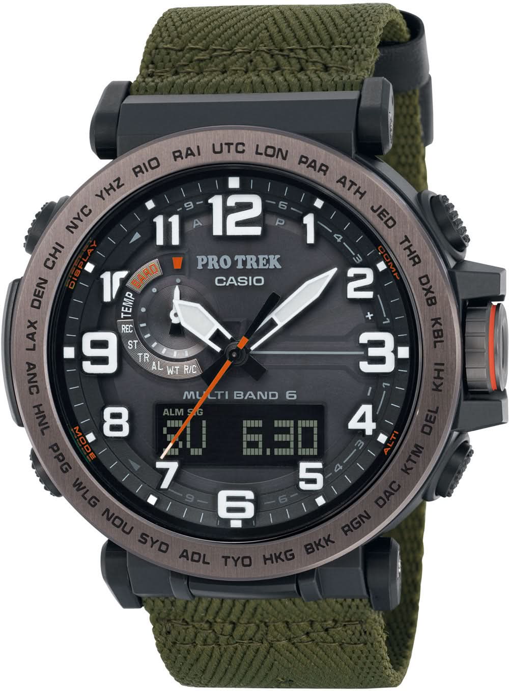 Casio Pro Trek herrarmbandsur med grönt textilband, svart urtavla och digital display