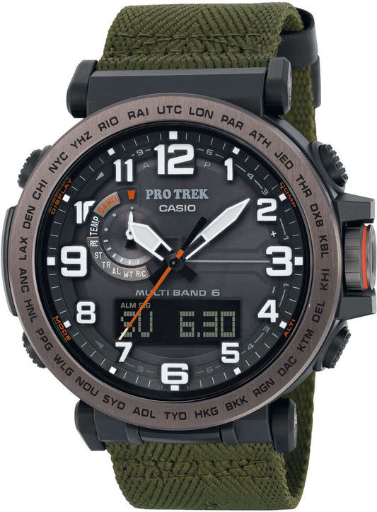 Casio Pro Trek herrarmbandsur med grönt textilband, svart urtavla och digital display