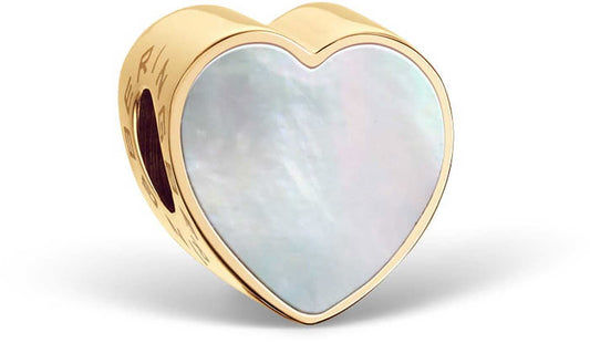 Hjärtformat berlock i rostfritt stål med guldfärgad kant och ljusblå pärlemorinlägg