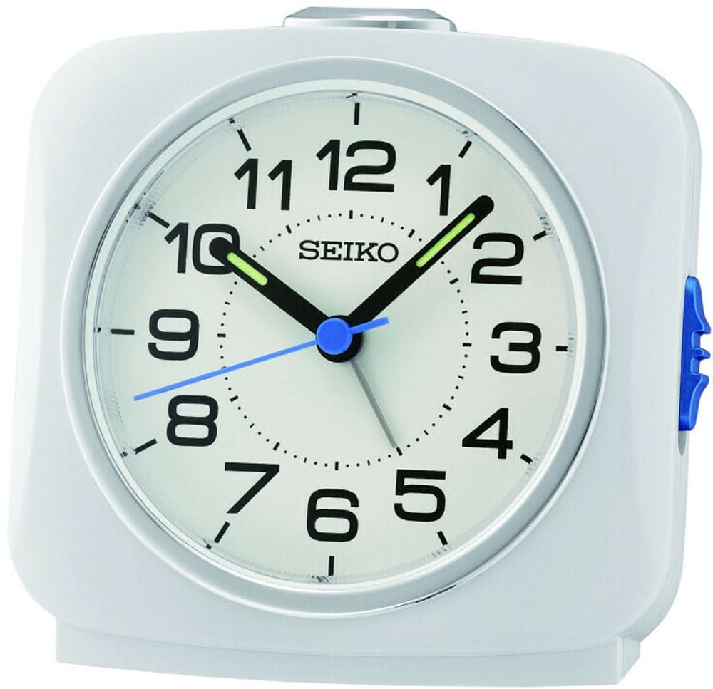 Seiko analog väckarklocka med vit urtavla och blå visare