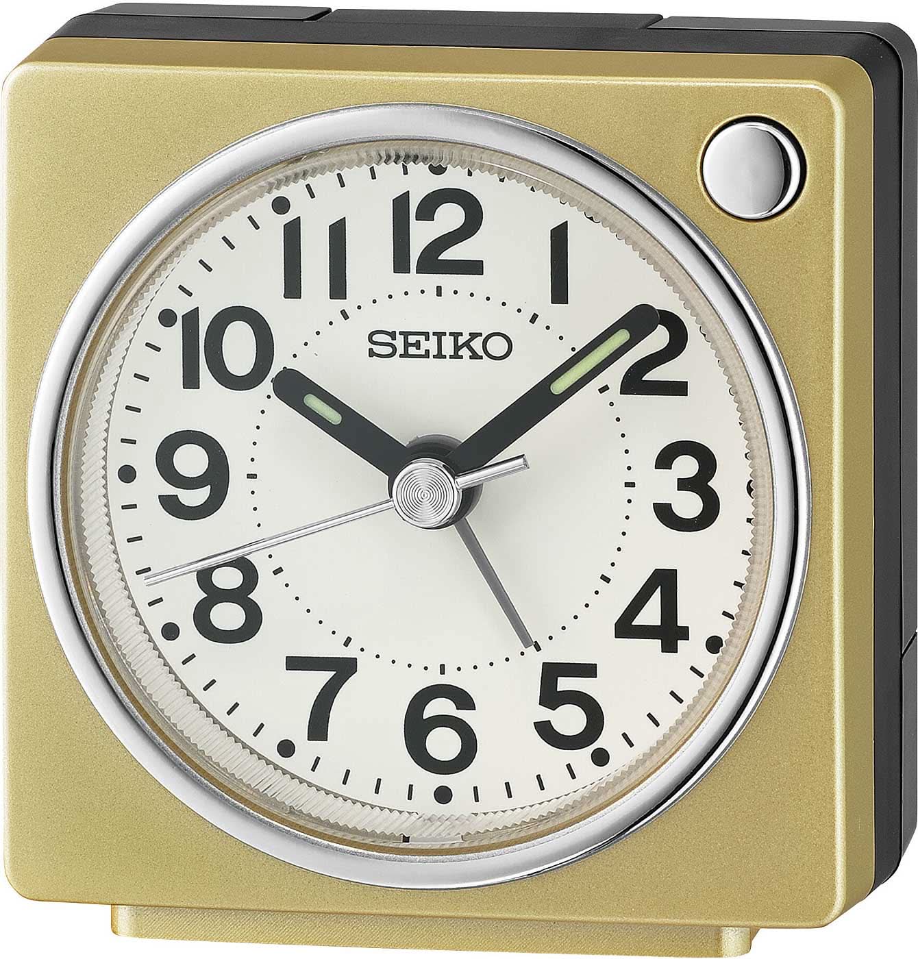 Seiko kompakt väckarklocka i plast med rund analog urtavla och svarta visare