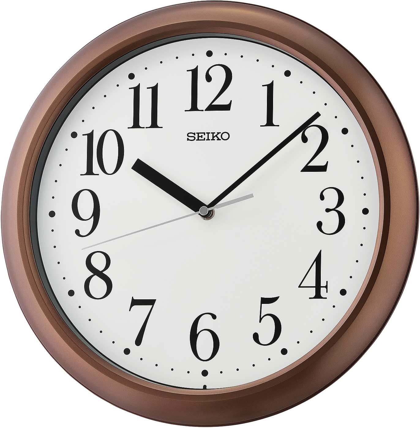 Rund väggklocka med brun plastram och vit urtavla, romerska siffror, SEIKO