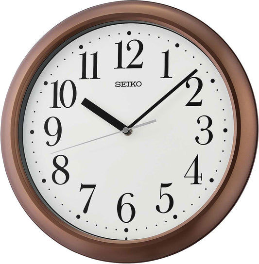 Rund väggklocka med brun plastram och vit urtavla, romerska siffror, SEIKO