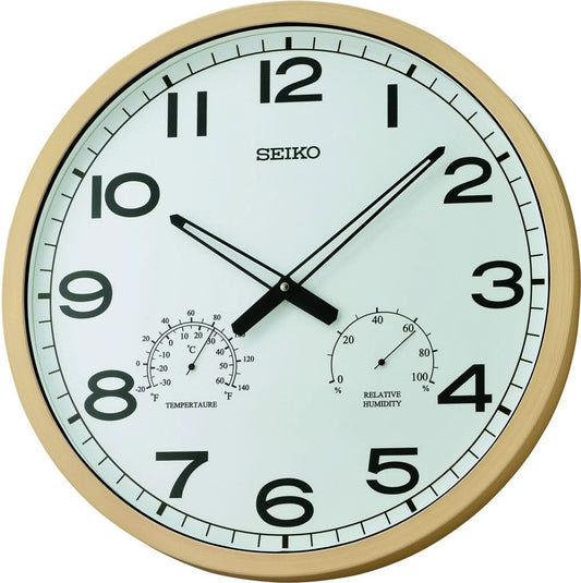 Väggklocka med beige plastram, vit urtavla, svarta siffror och visare, Seiko