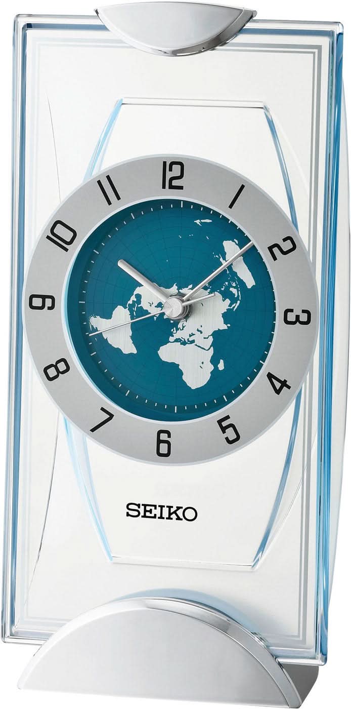 Bordsklocka med rund urtavla i petrolblått, världskarta, silverfärgad kant, Seiko