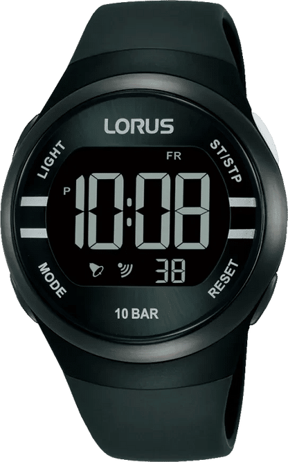 Lorus digital klocka med svart LCD-display och gummiarmband, 10 BAR