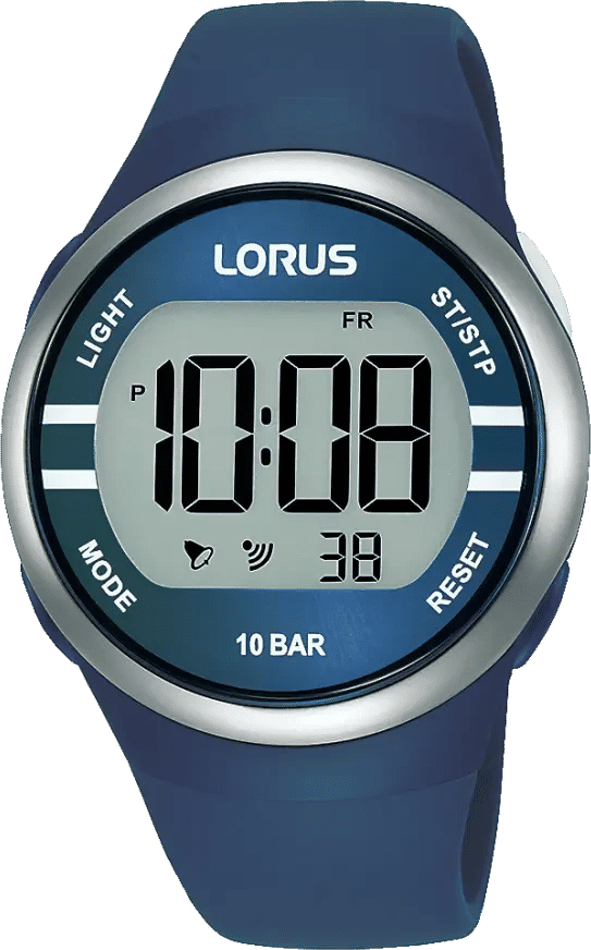Lorus digital klocka med runt boett, blått silikonarmband och 10 BAR vattentålighet