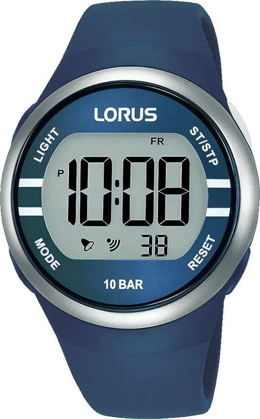 Lorus digital klocka med runt boett, blått silikonarmband och 10 BAR vattentålighet