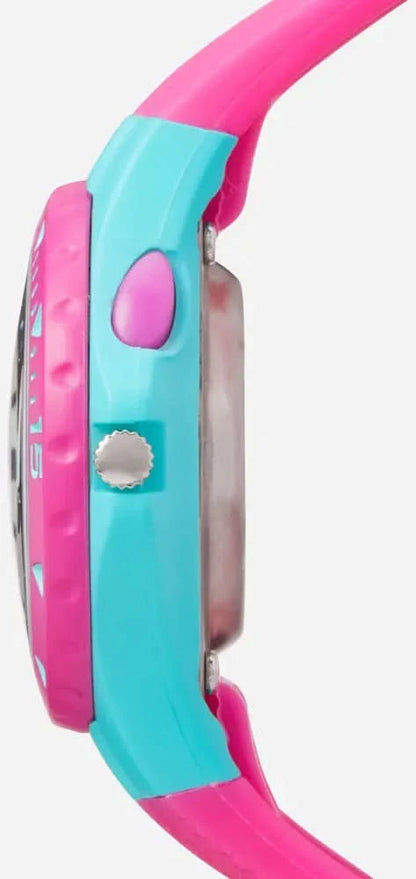 Barnklocka med rosa silikonarmband och turkost hölje, sidoknapp