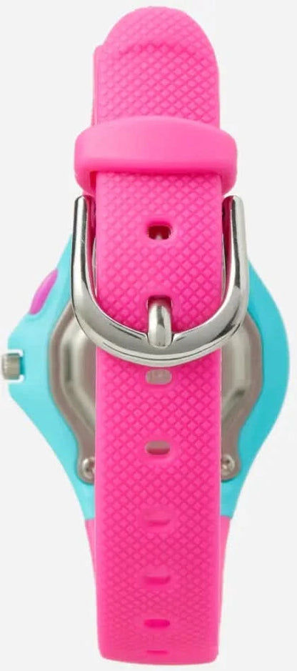 Barnklocka med rosa silikonarmband och metallspänne; central säkerhetsspärr