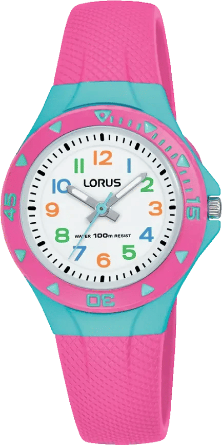 Lorus barnklocka med rosa silikonarmband, turkos infattning och urtavla