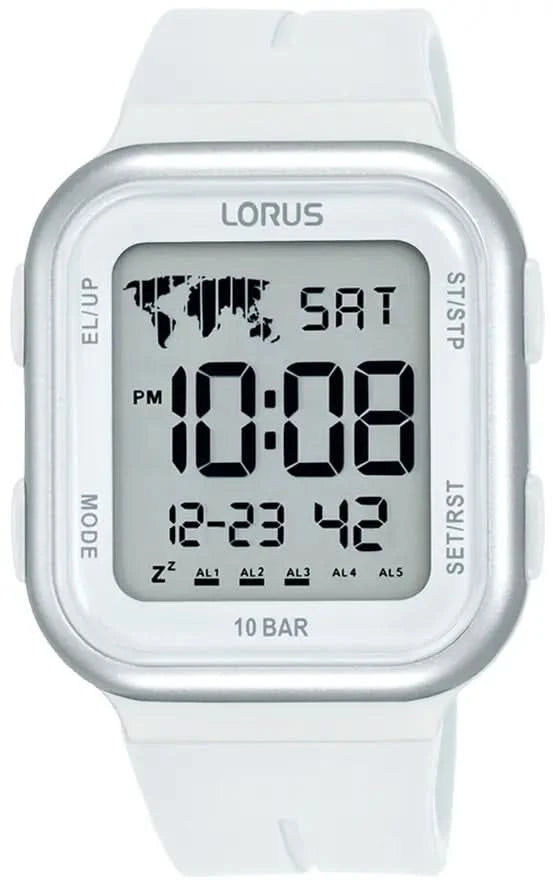 Herrklocka med vit silikonrem, silverfärgat hölje och digital display 10 BAR