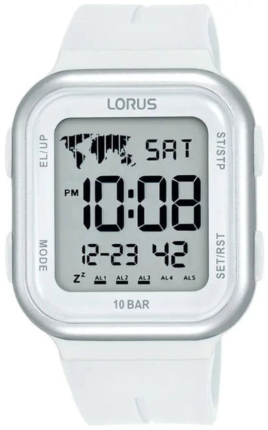Herrklocka med vit silikonrem, silverfärgat hölje och digital display 10 BAR