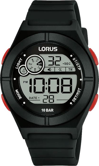 Lorus herrklocka: svart digital klocka med gummiarmband, röda knappar