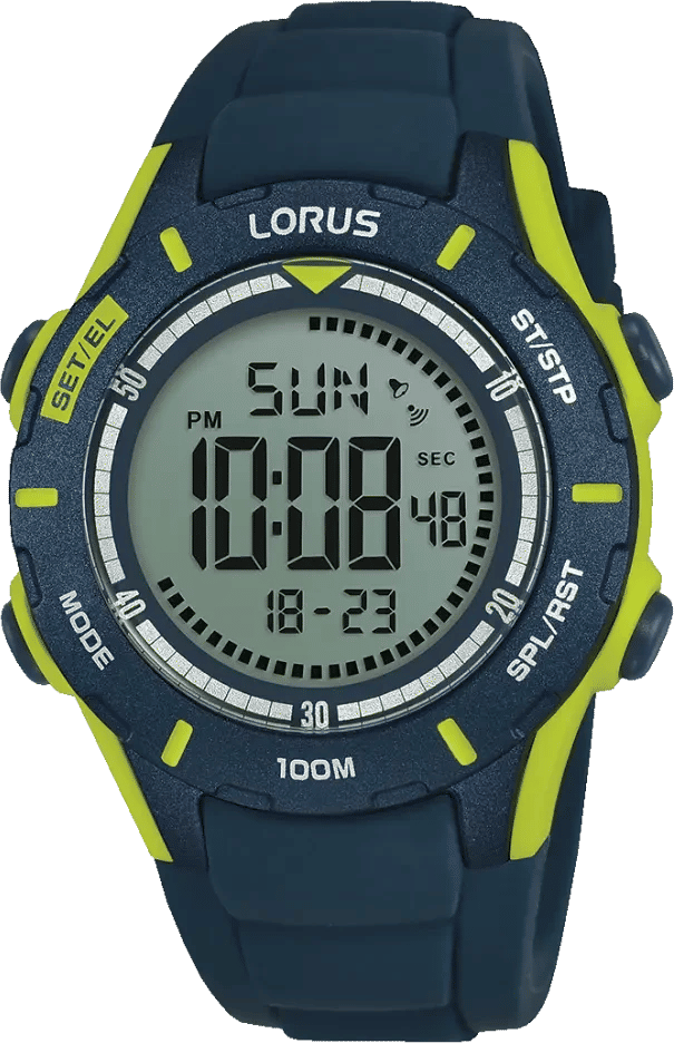 LORUS digital klocka för pojkar, blå boett med neongröna detaljer och digital display