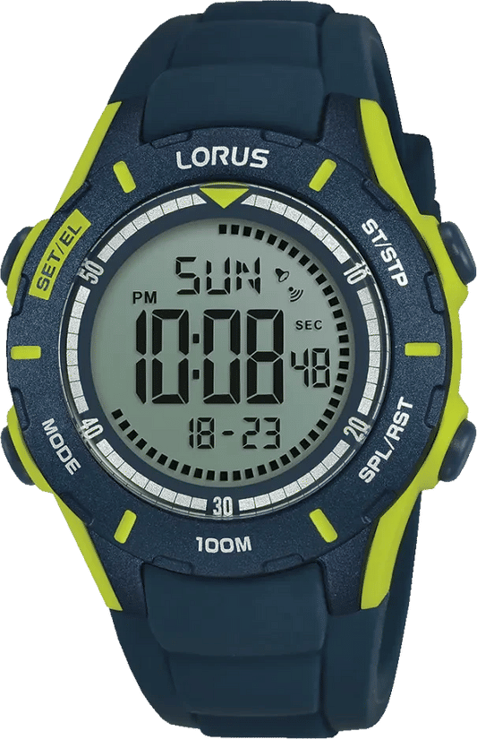 LORUS digital klocka för pojkar, blå boett med neongröna detaljer och digital display