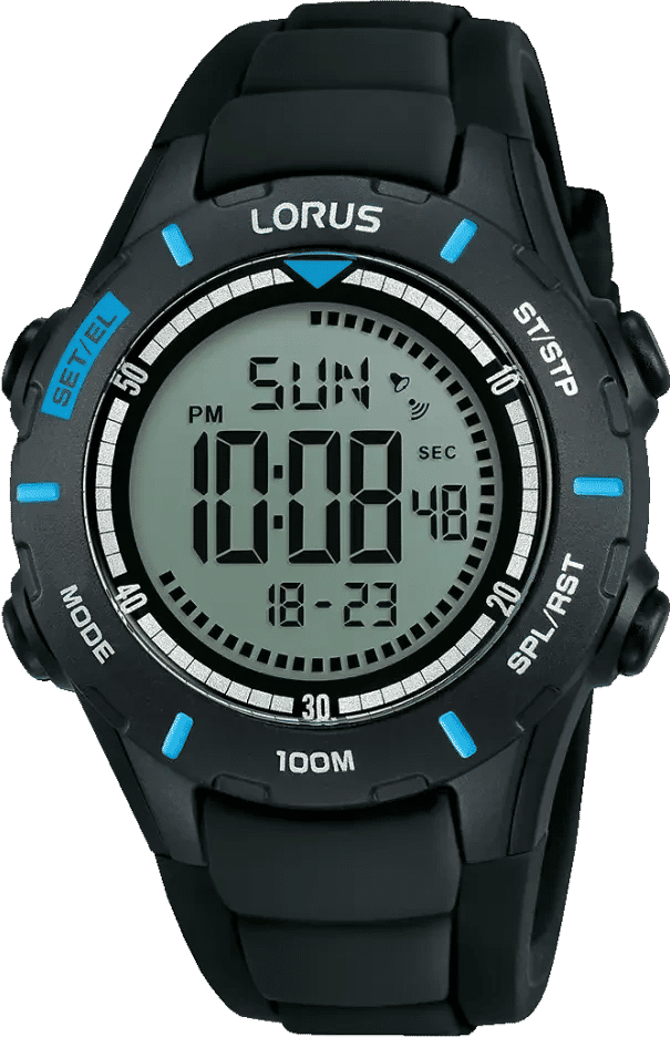 Lorus digital herrklocka med svart armband, blå detalj på boetten och stor display