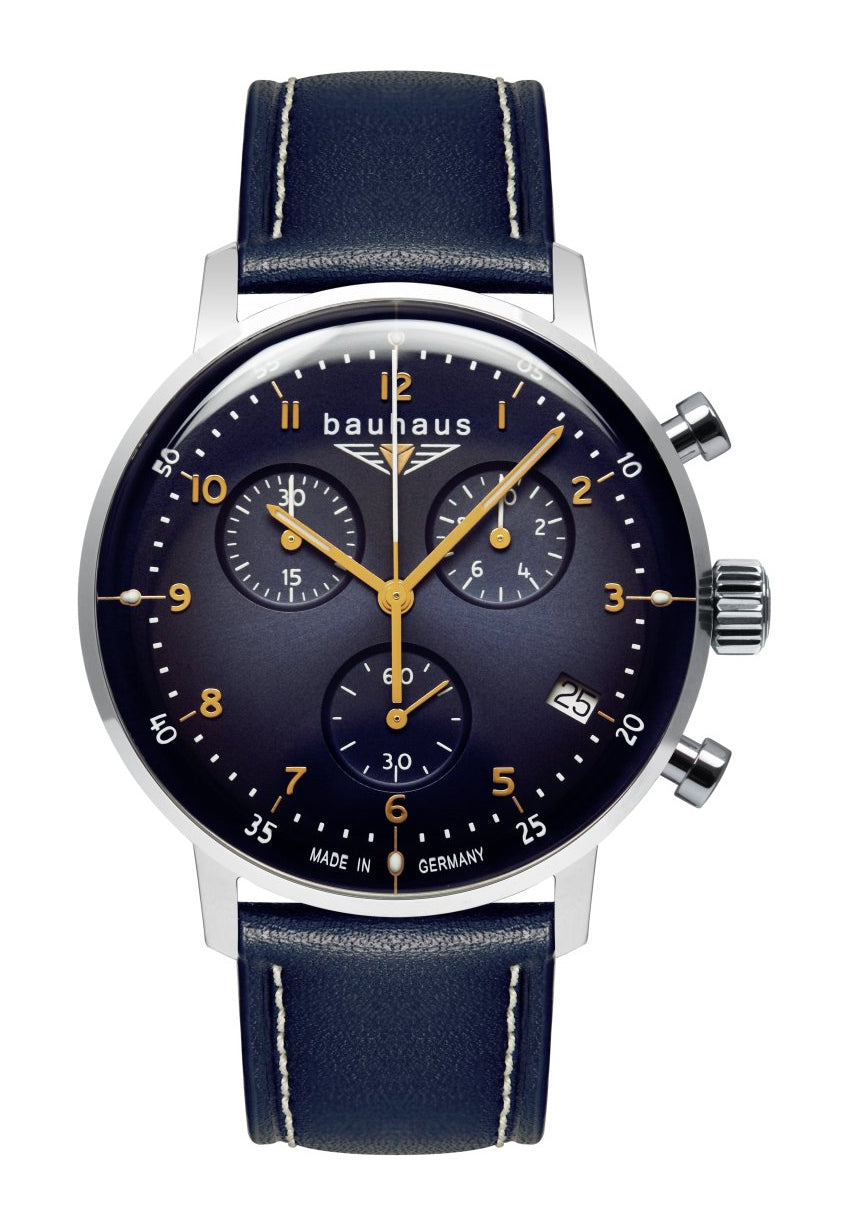 Herrenarmbanduhr mit blauem Zifferblatt, Lederarmband und Chronograph-Subdials