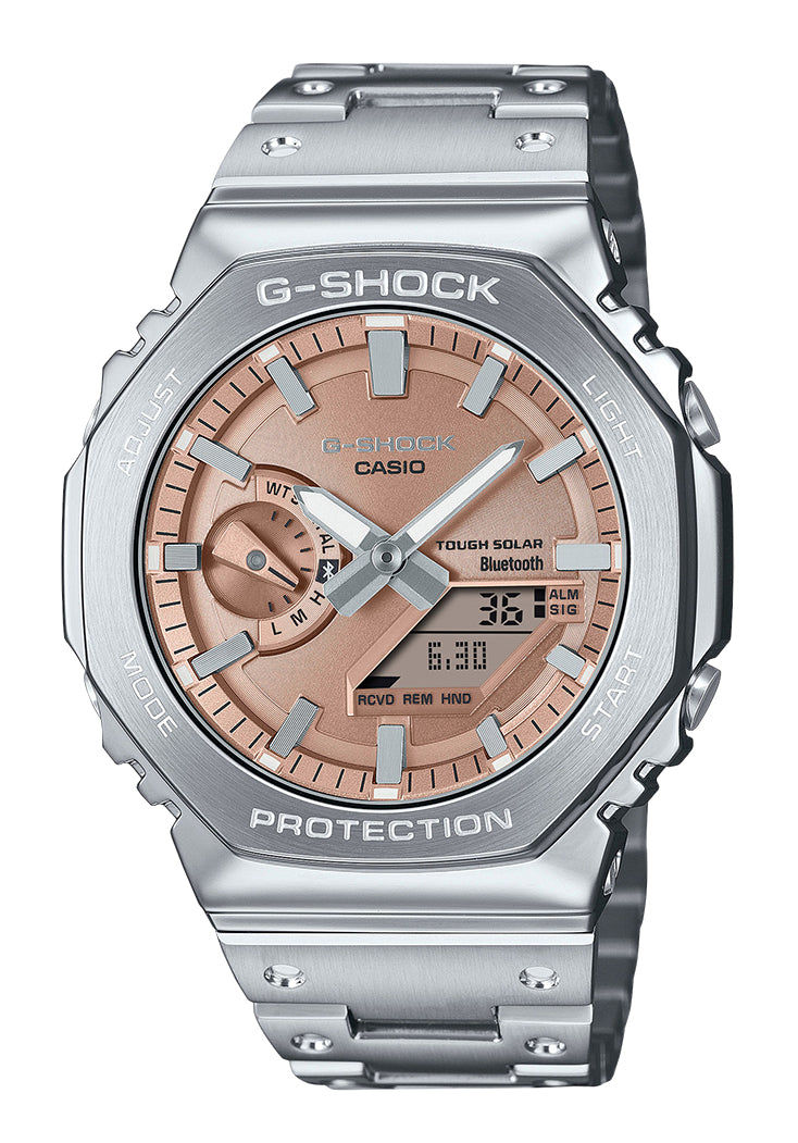 Herrenarmbanduhr G-SHOCK mit silbernem Metallband, kupferfarbenem Zifferblatt und Tough-Solar