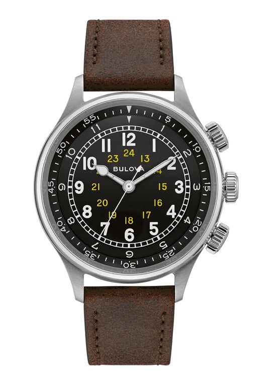 Bulova Herren-Fliegeruhr mit schwarzem Zifferblatt und braunem Lederarmband