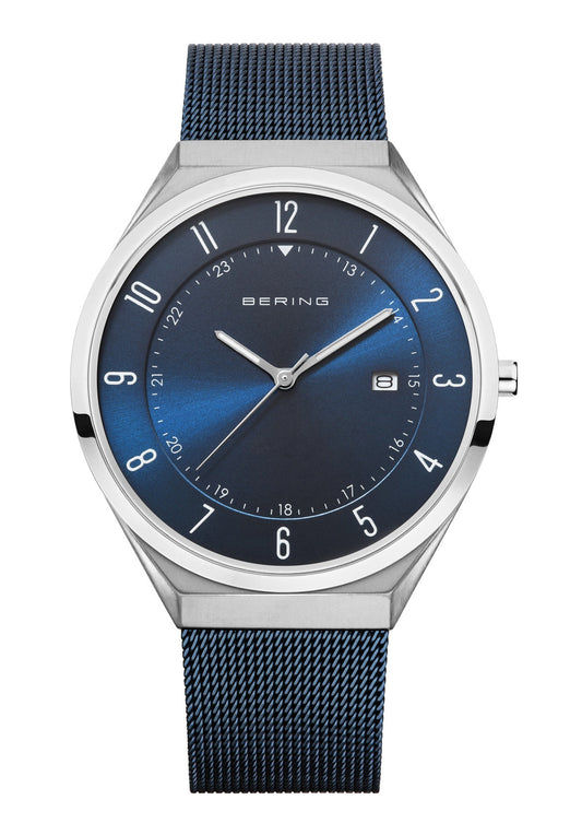 Herren-Uhr mit blauem Zifferblatt, schmalem Edelstahlgehäuse und Metall-Meshband