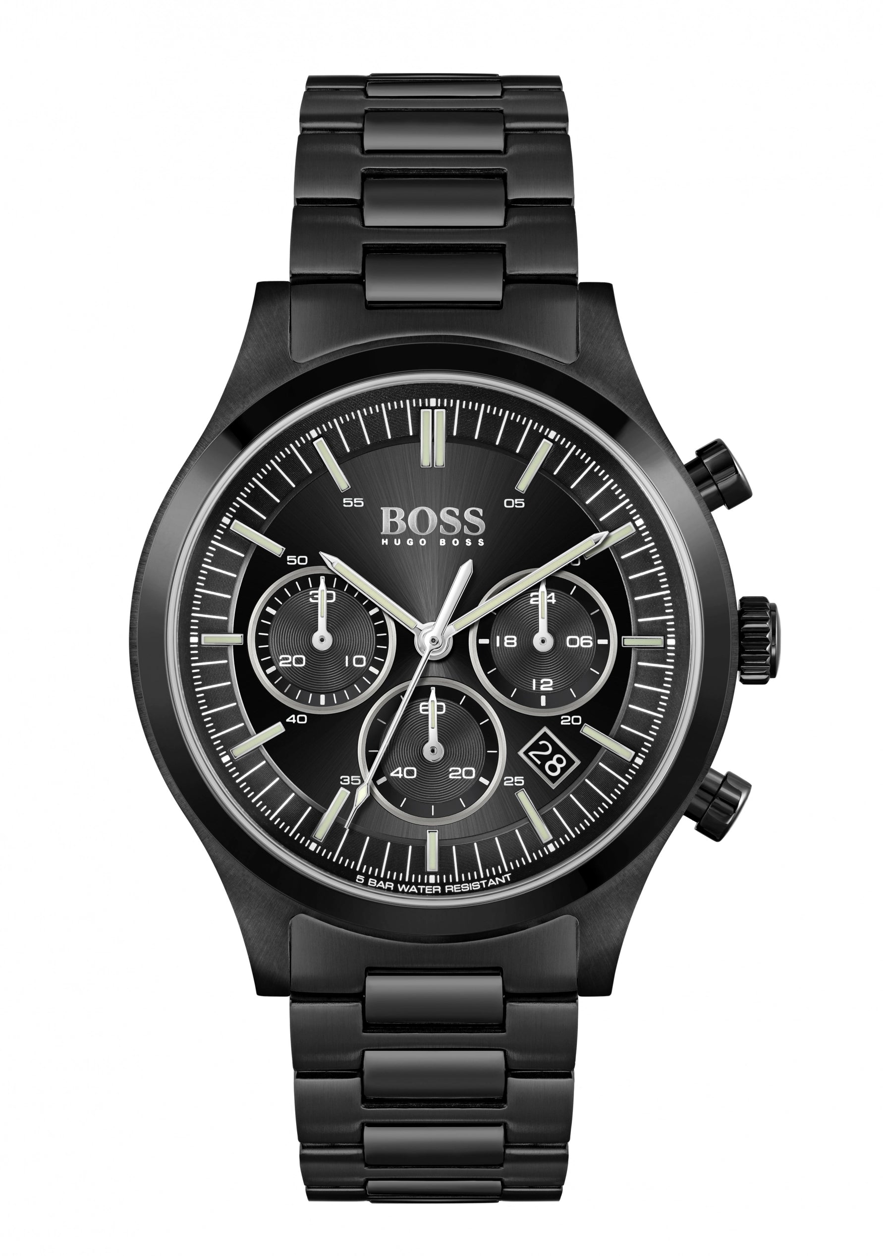 BOSS Chronograph-Herrenuhr: schwarzes Zifferblatt, schwarzes Metallarmband