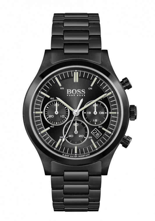 BOSS Chronograph-Herrenuhr: schwarzes Zifferblatt, schwarzes Metallarmband
