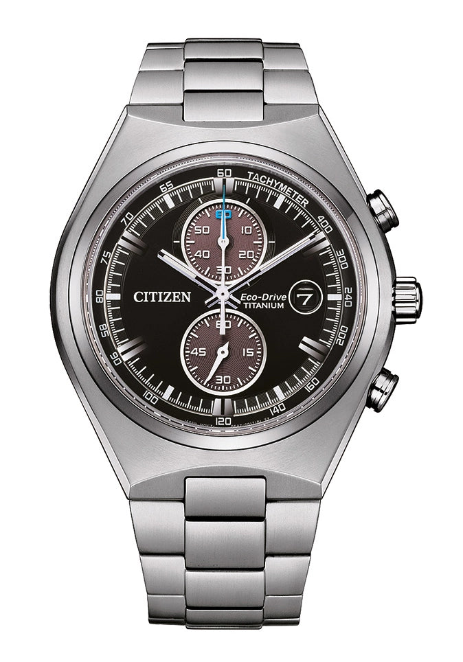Citizen Eco-Drive Chronograph-Uhr mit schwarzem Zifferblatt, Titanband und Drückern