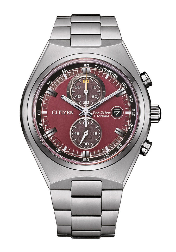 Silberfarbene Herrenuhr mit Chronograph, rotem Zifferblatt und Datumsanzeige