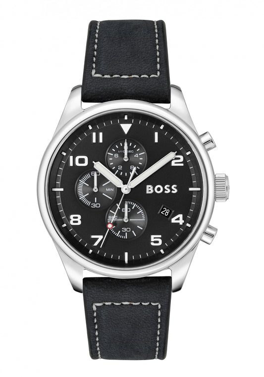 BOSS Chronograph-Uhr mit schwarzem Zifferblatt, Edelstahlgehäuse und schwarzem Lederband