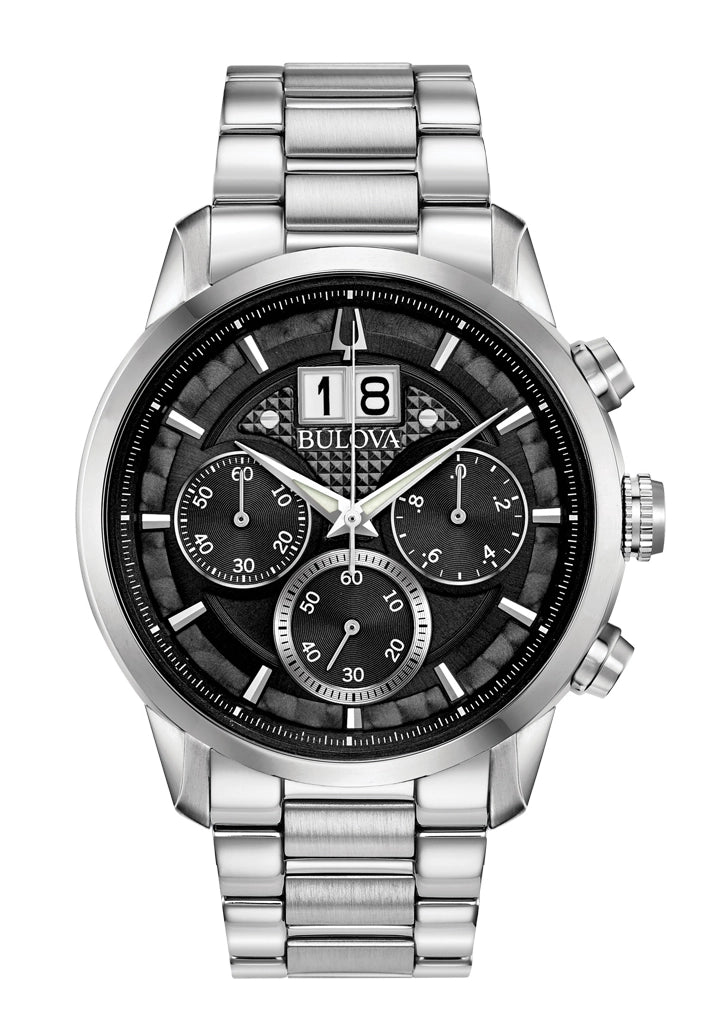 Bulova Chronograph-Armbanduhr mit schwarzem Zifferblatt und Edelstahlarmband für Herren