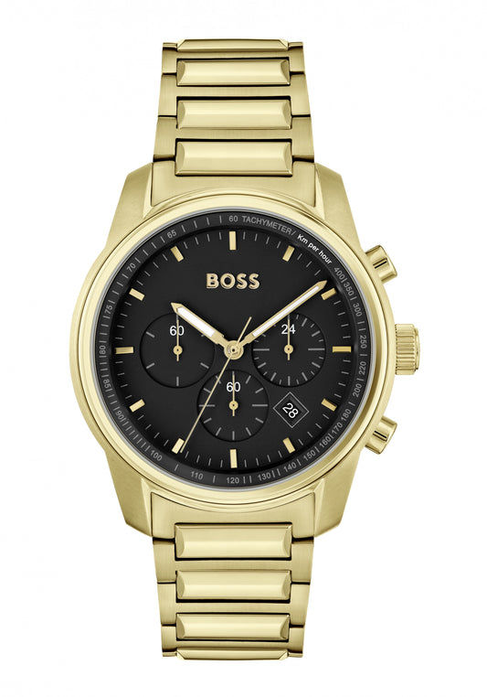 Herren-Chronograph BOSS mit goldfarbenem Edelstahlband, schwarzem Zifferblatt und Mineralglas
