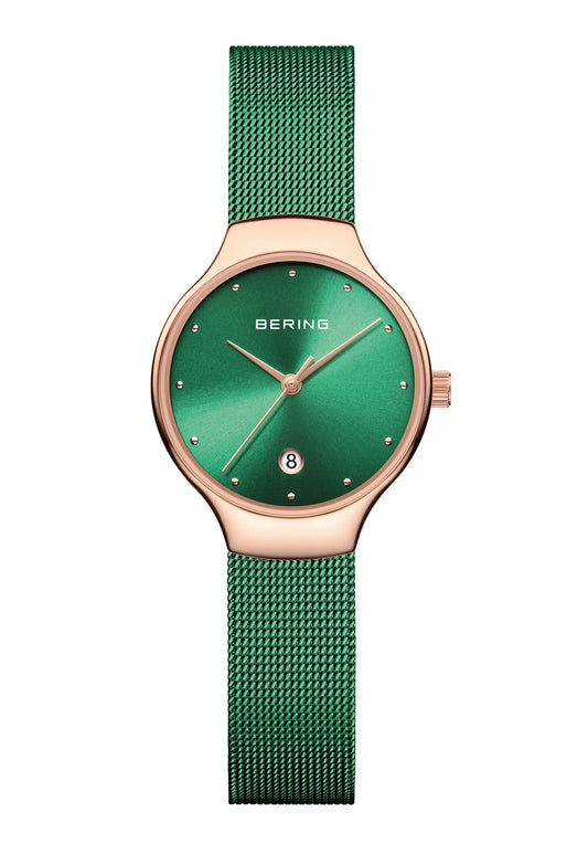 Bering Damenuhr mit grünem Zifferblatt, roségoldfarbenem Gehäuse und grünem Mesh-Armband