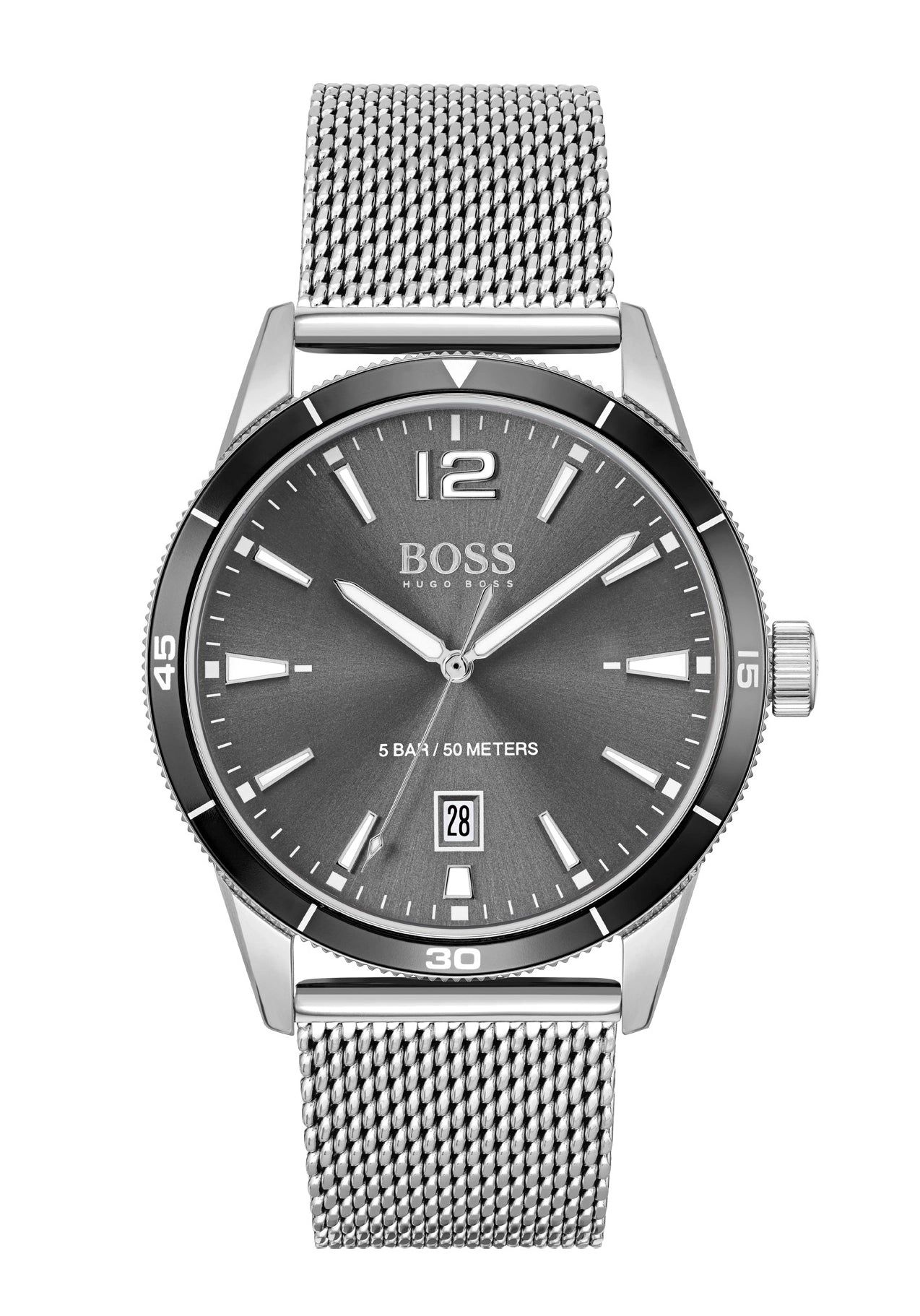 Boss Armbanduhr mit anthrazitfarbenem Zifferblatt, Mineralglas und silbernem Mesh-Armband