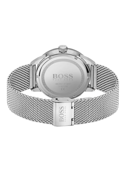 Boss Armbanduhr-Rückseite mit Edelstahl-Mesharmband und Schließe