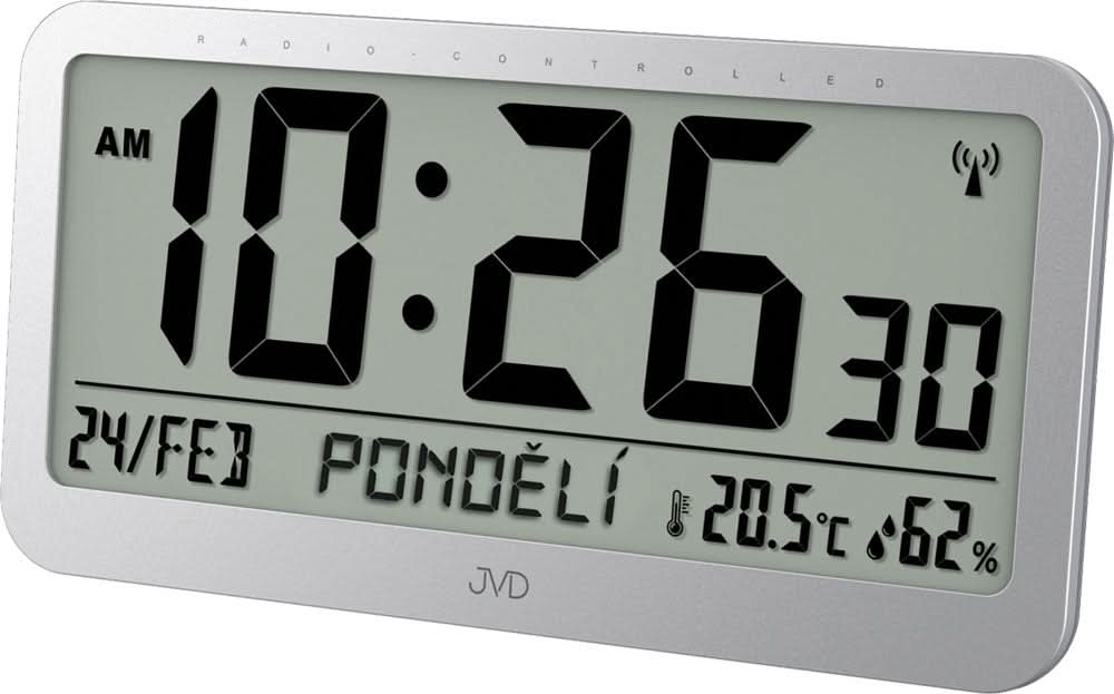 Digital radiostyrd väckarklocka i plast med stor LCD-display, temperatur- och datumvisning
