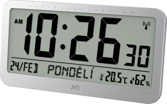 Digital radiostyrd väckarklocka i plast med stor LCD-display, temperatur- och datumvisning